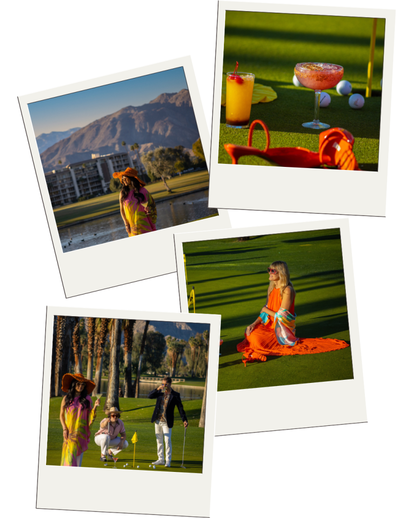 4 polaroids of folks enjoying Tipsy Hour on the Desert Island putting green. Colorful cocktails and bright, dressy clothes.